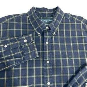 Ralph Lauren Navy Blue Plaid Button Down Shirt Mens L Long Sleeve Pony Logo